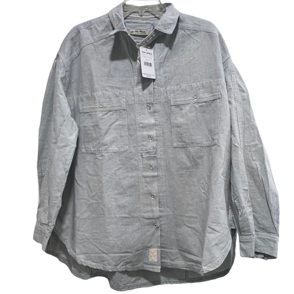 NWT Free People Cardiff Indigo Railroad Stripe Oversized Shirt/Jacket - Picture 8 of 15